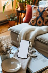 Poster - composition featuring a handphone mock-up placed on a table in a cozy room, with a white screen