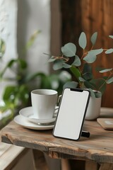 Poster - composition featuring a handphone mock-up placed on a table in a cozy room, with a white screen