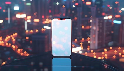 Poster - handphone mock-up against a backdrop of city lights, emphasizing the blank white screen