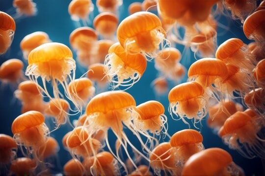 'jellyfish fuscescens orange chrysaora jelly fish medusa water blue sea aquarium vancouver canada wild nettle animal aquatic beauty clear creature danger dangerous deep exotic float fragile glow'