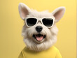 A cartoon dog wearing sunglasses and a yellow shirt