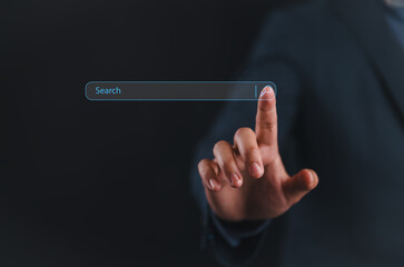 Leinwandbilder - man hand touching on search bar for Search Engine Optimization or SEO concept to find information or data by internet connection. internet, network, database, information system.