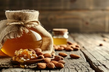Almond nuts and honey in bag on wood board