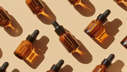 Poster - Amber glass vials with cosmetic serum seen from above Unlabeled cosmetic containers with dropper lids on beige background casting a strong shadow Flat surface