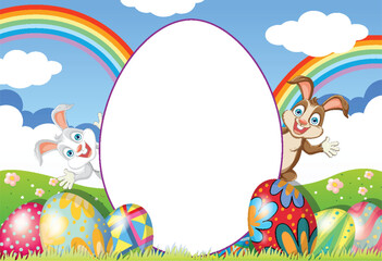 Poster - Two cartoon bunnies with decorated eggs and rainbow.