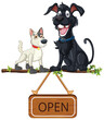 Two cartoon dogs sitting above an 'Open' sign