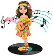 Cartoon girl with guitar surrounded by musical notes.