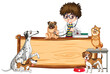 Cartoon vet examining multiple dogs in clinic