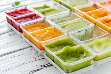 Sticker - Baby food puree in ice cube trays on white wooden table for freezing