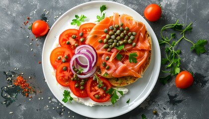 Sticker - Bagel topped with lox tomatoes capers red onion and cream cheese seen from above on a white plate