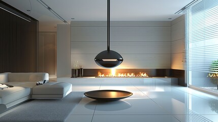 Wall Mural - A sleek minimalist living room with a suspended orb fireplace