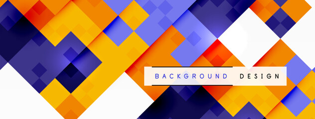Poster - A vibrant and artistic design with colorful orange, blue, and white squares, rectangles, and triangles on a white background, creating a symmetrical and visually appealing composition