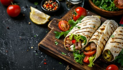 Poster - Beef burrito on wooden board with fresh vegetables Mexican cuisine Copy space