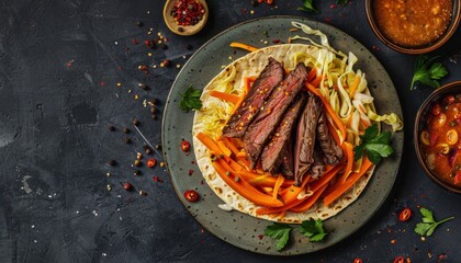 Wall Mural - Beef steak pickled carrots and cabbage on tortilla Tasty lunch on dark background viewed from above