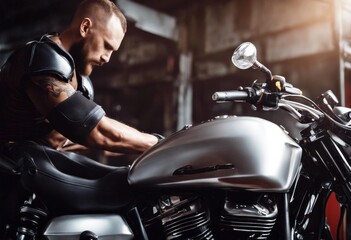 'man biker motorcycle wax cleaning coating maintenance polished tank fuel repair concept garage workshop shop hobby lifestyle rebellion job occupation'