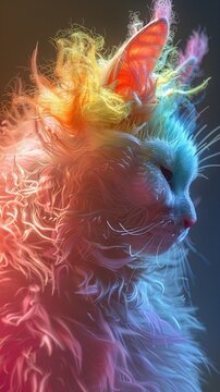 Meme Monster, Rainbow Fur, Virtual Creature, Conquering the Blockchain, Stormy Weather, Photography, Backlight, Vignette