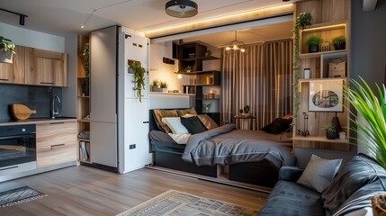 Wall Mural - A stylish studio apartment with a Murphy bed and multifunctional furniture