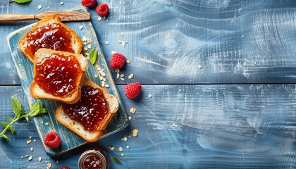 Wall Mural - Blue wooden table with toast and jam along with a cutting board