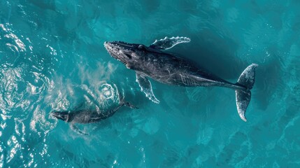 Wall Mural - Encountering a majestic humpback whale and her calf as they migrate through turquoise waters  