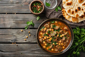 Wall Mural - Bowl of lamb soup with chickpeas parsley and flatbread on wooden table