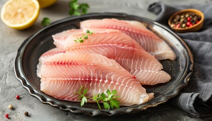 Poster - Bowl with fresh fish fillets for cooking including pangasius dolly fish tilapia and catfish