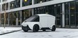 Silent and sleek, the white electric vehicle stands gracefully in front of the modern, towering building, embodying sustainable innovation