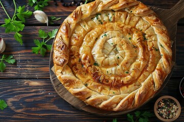 Sticker - Burek with phyllo dough and filling on rustic wooden board top view Traditional savory pie from Balkans Middle East and Central Asia