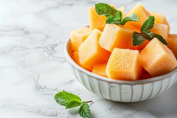 Wall Mural - Cantaloupe melon cubes with mint in bowls on marble background Fruit salad dessert