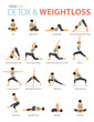 16 Yoga poses or asana posture for workout in detox & weight loss concept. Women exercising for body stretching. Fitness infographic. Flat cartoon 