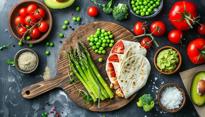 Wall Mural - Chicken and vegetables are wrapped in tortilla with asparagus avocado tomatoes peas and cheese on a cutting board Background of a food recipe Close up