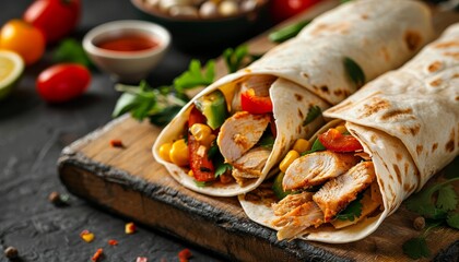 Wall Mural - Chicken burrito with fresh vegetables on a wooden board Mexican cuisine banner