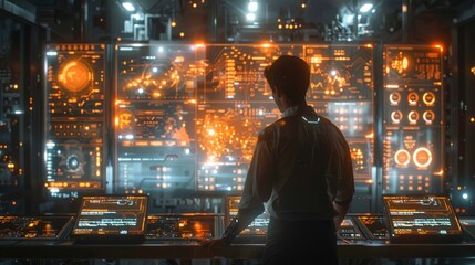 Poster - a man stands in front of a computer monitor displaying a map of the world