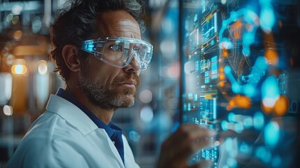 Poster - a man stands in front of a computer monitor displaying a map of the world