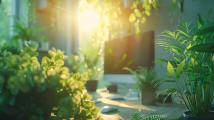 Poster - a computer desk with a green plant in the corner and a chair