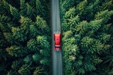 Fototapeta  - Arial view of red heavy truck on a narrow road trough the forest