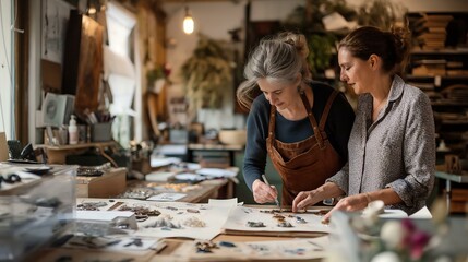 Two women are working together in a craft room, one of them is wearing an apron. They are looking at a piece of paper with a design on it