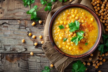 Wall Mural - Chickpea soup with roasted chickpeas on wooden backdrop Space for text