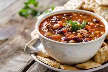 Wall Mural - Chili soup with beans beef tomatoes spices and crackers