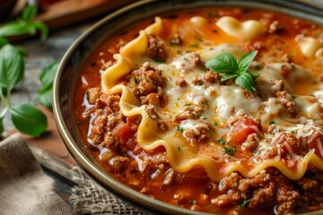 Wall Mural - Close up horizontal image of homemade thick lasagna soup with minced meat in a plate
