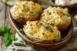 © LimeSky - Close up of French onion and Gruyere cheese stuffed baked potatoes in a bowl on the table