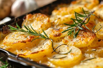 Poster - Close up of scalloped potatoes in a pan on the table