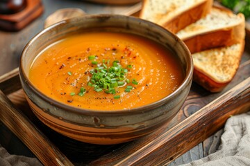 Wall Mural - Close up of vegetarian julienne soup with toast in a bowl on a wooden tray
