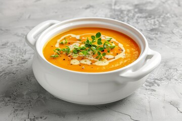 Poster - Close up shot of white pot filled with pumpkin vegetable cream soup on grey background