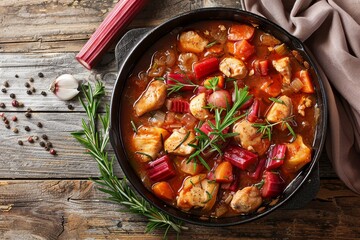 Poster - Close up top view of homemade chicken stew with rhubarb rosemary and white wine in a frying pan on the table