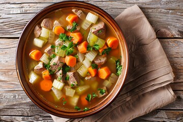 Poster - Close up top view of kottsoppa soup with boiled meat and vegetables on a table plate