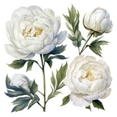 Sticker - Cluster of white flowers peony with green leaves