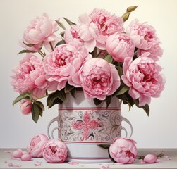 Sticker - Bouquet of pink peonies in a ceramic white vase on a wooden table