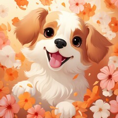 Wall Mural - Small White Dog Sitting in Field of Flowers