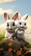 Wall Mural - Couple of cute fluffy rabbits sits in a spring meadow.