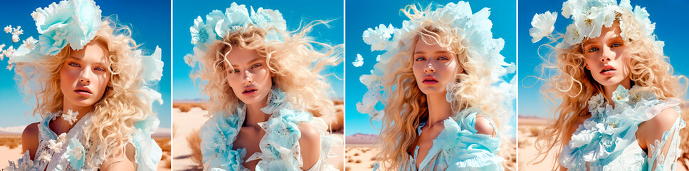 Wall Mural - High fashion editorial makeup. Blue color theme throughout the photo shoot. An Italian model with striking features and a blue tulle dress. Long blonde curly hair adds to the overall aesthetic.